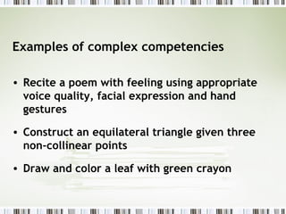 Examples of complex competencies

• Recite a poem with feeling using appropriate
  voice quality, facial expression and hand
  gestures

• Construct an equilateral triangle given three
  non-collinear points

• Draw and color a leaf with green crayon
 