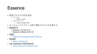Essence
• 開発プロセスの記述言語
• カーネル
• 骨組みを定義
• プラクティス
• 具体的な活動を定義
• カーネル＋プラクティス群で開発プロセスを定義する
• OMG標準
• Essence 1.2 (2018-07)
• Essence 2.0beta (2024-06)
• OMG
• https://www.omg.org/spec/Essence
• SEMAT
• https://semat.org/
• Ivar Jacobson International
• https://www.ivarjacobson.com/
 