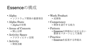 Essenceの構成
• Alpha
• ソフトウェア開発の重要項目
• Alpha State
• Alphaの状態
• Areas of Concern
• 関心分野
• Activity Space
• アクティビティ空間
• Activity
• 開発活動
• Work Product
• 成果物
• Competency
• 開発を遂行する能力
• Pattern
• Essenceの枠組みにはまらない
要素をパターンとして表現
• Practice
• Essenceを拡張する枠組み
 