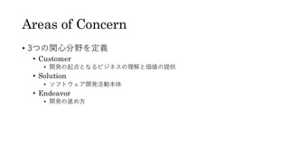 Areas of Concern
• 3つの関心分野を定義
• Customer
• 開発の起点となるビジネスの理解と価値の提供
• Solution
• ソフトウェア開発活動本体
• Endeavor
• 開発の進め方
 