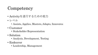 Competency
• Activityを遂行するための能力
• レベル
• Assists, Applies, Masters, Adapts, Innovates
• Customer
• Stakeholder Representation
• Solution
• Analysis, Development, Testing
• Endeavor
• Leadership, Management
 