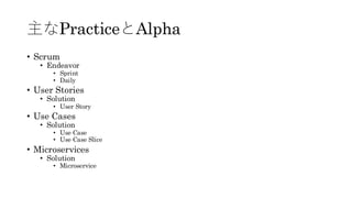 主なPracticeとAlpha
• Scrum
• Endeavor
• Sprint
• Daily
• User Stories
• Solution
• User Story
• Use Cases
• Solution
• Use Case
• Use Case Slice
• Microservices
• Solution
• Microservice
 