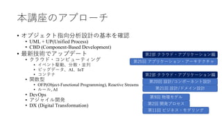 本講座のアプローチ
• オブジェクト指向分析設計の基本を確認
• UML + UP(Unified Process)
• CBD (Component-Based Development)
• 最新技術でアップデート
• クラウド・コンピューティング
• イベント駆動、分散・並列
• ビッグデータ、AI、IoT
• コンテナ
• 関数型
• OFP(Object-Functional Programming), Reactive Streams
• ルール, AI
• DevOps
• アジャイル開発
• DX (Digital Transformation)
第25回 アプリケーション・アーキテクチャ
第2回 開発プロセス
第9回 物理モデル
第11回 ビジネス・モデリング
第2部 クラウド・アプリケーション編
第21回 設計/ドメイン設計
第20回 設計/コンポーネント設計
第2部 クラウド・アプリケーション編
 