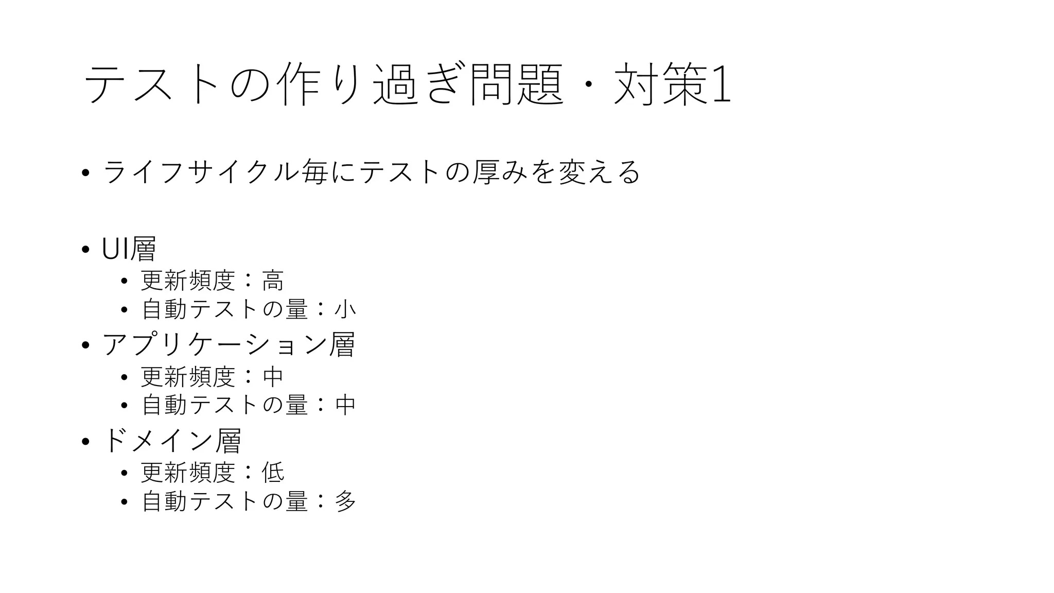 テストの作り過ぎ問題・対策1
• ライフサイクル毎にテストの厚みを変える
• UI層
• 更新頻度：高
• 自動テストの量：小
• アプリケーション層
• 更新頻度：中
• 自動テストの量：中
• ドメイン層
• 更新頻度：低
• 自動テストの量：多
 