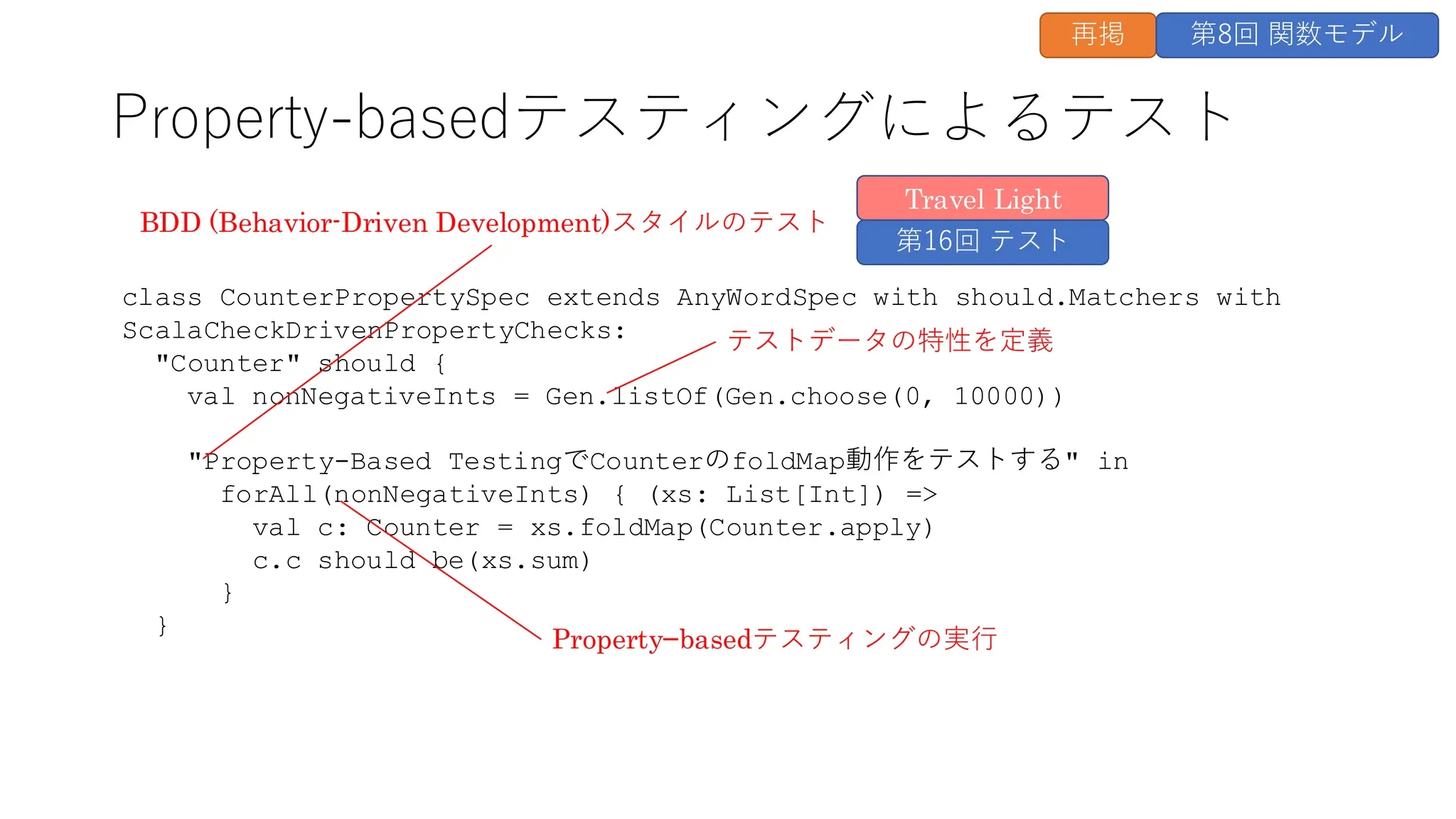 class CounterPropertySpec extends AnyWordSpec with should.Matchers with
ScalaCheckDrivenPropertyChecks:
"Counter" should {
val nonNegativeInts = Gen.listOf(Gen.choose(0, 10000))
"Property-Based TestingでCounterのfoldMap動作をテストする" in
forAll(nonNegativeInts) { (xs: List[Int]) =>
val c: Counter = xs.foldMap(Counter.apply)
c.c should be(xs.sum)
}
}
Property-basedテスティングによるテスト
テストデータの特性を定義
Property−basedテスティングの実行
BDD (Behavior-Driven Development)スタイルのテスト
Travel Light
第16回 テスト
再掲 第8回 関数モデル
 