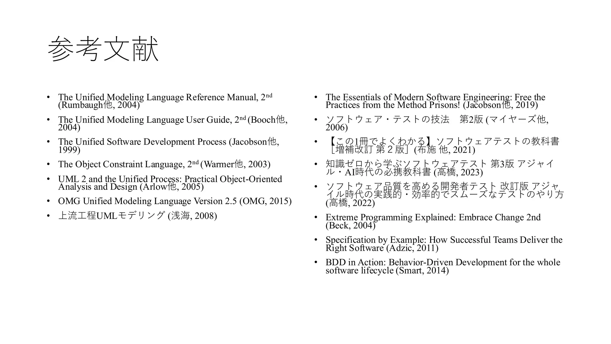 参考文献
• The Unified Modeling Language Reference Manual, 2nd
(Rumbaugh他, 2004)
• The Unified Modeling Language User Guide, 2nd (Booch他,
2004)
• The Unified Software Development Process (Jacobson他,
1999)
• The Object Constraint Language, 2nd (Warmer他, 2003)
• UML 2 and the Unified Process: Practical Object-Oriented
Analysis and Design (Arlow他, 2005)
• OMG Unified Modeling Language Version 2.5 (OMG, 2015)
• 上流工程UMLモデリング (浅海, 2008)
• The Essentials of Modern Software Engineering: Free the
Practices from the Method Prisons! (Jacobson他, 2019)
• ソフトウェア・テストの技法 第2版 (マイヤーズ他,
2006)
• 【この1冊でよくわかる】ソフトウェアテストの教科書
［増補改訂 第２版］(布施 他, 2021)
• 知識ゼロから学ぶソフトウェアテスト 第3版 アジャイ
ル・AI時代の必携教科書 (高橋, 2023)
• ソフトウェア品質を高める開発者テスト 改訂版 アジャ
イル時代の実践的・効率的でスムーズなテストのやり方
(高橋, 2022)
• Extreme Programming Explained: Embrace Change 2nd
(Beck, 2004)
• Specification by Example: How Successful Teams Deliver the
Right Software (Adzic, 2011)
• BDD in Action: Behavior-Driven Development for the whole
software lifecycle (Smart, 2014)
 