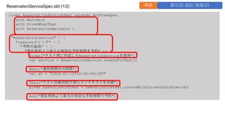 class ReservationServiceSpec extends AnyFreeSpec
with Matchers
with GivenWhenThen
with ReservationMatchers {
"ReservationService" - {
"reserveメソッド" - {
"予約の追加" - {
"現在時刻より後ろの有効な予約時間を予約" in {
Given("テスト用に作成したReservationServiceを使用")
val service = ReservationService.createForTest()
When("運用時間内の時間")
val dt = "2024-01-15T10:00:00+JST"
Then("テスト対象時刻で実行コンテキストを用意")
given ExecutionContext = ExecutionContext.createWithCurrentDateTime(dt)
And("現在時刻より後ろの有効な予約時間で予約")
ReservationServiceSpec.sbt (1/2) 再掲 第31回 設計/実装(2)
 
