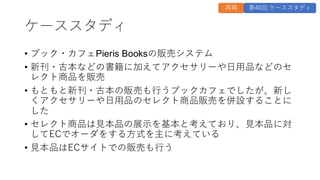 ケーススタディ
• ブック・カフェPieris Booksの販売システム
• 新刊・古本などの書籍に加えてアクセサリーや日用品などのセ
レクト商品を販売
• もともと新刊・古本の販売も行うブックカフェでしたが、新し
くアクセサリーや日用品のセレクト商品販売を併設することに
した
• セレクト商品は見本品の展示を基本と考えており、見本品に対
してECでオーダをする方式を主に考えている
• 見本品はECサイトでの販売も行う
再掲 第40回 ケーススタディ
 