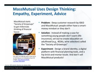 6	
  ©2015	
  FCB	
  Partners.	
  All	
  rights	
  reserved.	
  
MassMutual	
  Uses	
  Design	
  Thinking:	
  
Empathy,	
  Experiment,	
  Advice	
  
•  Problem:	
  	
  Deep	
  customer	
  research	
  by	
  IDEO	
  
and	
  MassMutual:	
  people	
  either	
  have	
  a	
  smart-­‐
money	
  mindset	
  or	
  they	
  don’t	
  
•  Solu+on:	
  	
  Instead	
  of	
  making	
  a	
  case	
  for	
  
something	
  young	
  people	
  don’t	
  want	
  (life	
  
insurance),	
  set	
  out	
  to	
  create	
  educaon	
  on	
  
adulthood	
  (e.g.,	
  401Ks,	
  wine	
  selecon)	
  called	
  
the	
  ”Society	
  of	
  Grownups”	
  
•  Experiment:	
  	
  Design	
  a	
  brand	
  identy,	
  a	
  digital	
  
plaVorm	
  with	
  ﬁnancial	
  planning	
  tools,	
  and	
  a	
  
hip	
  brick-­‐and-­‐mortar	
  locale.	
  And	
  don’t	
  sell	
  
MassMutual	
  products!	
  
MassMutual	
  starts	
  
“Society	
  of	
  Grownups”	
  
to	
  get	
  millennials	
  
thinking	
  of	
  ﬁnancial	
  
future	
  
Our	
  doors	
  are	
  oﬃcially	
  open!	
  Come	
  say	
  hi	
  
at	
  1653	
  Beacon	
  St	
  in	
  Brookline	
  from	
  4-­‐9	
  
tonight.	
  hYp://bit.ly/1nZDaI9	
  	
  	
  
1:17	
  PM	
  -­‐	
  8	
  Oct	
  2014	
  
Sources:	
  IDEO	
  website,	
  Masslive.com,	
  Boston	
  Globe	
  
 