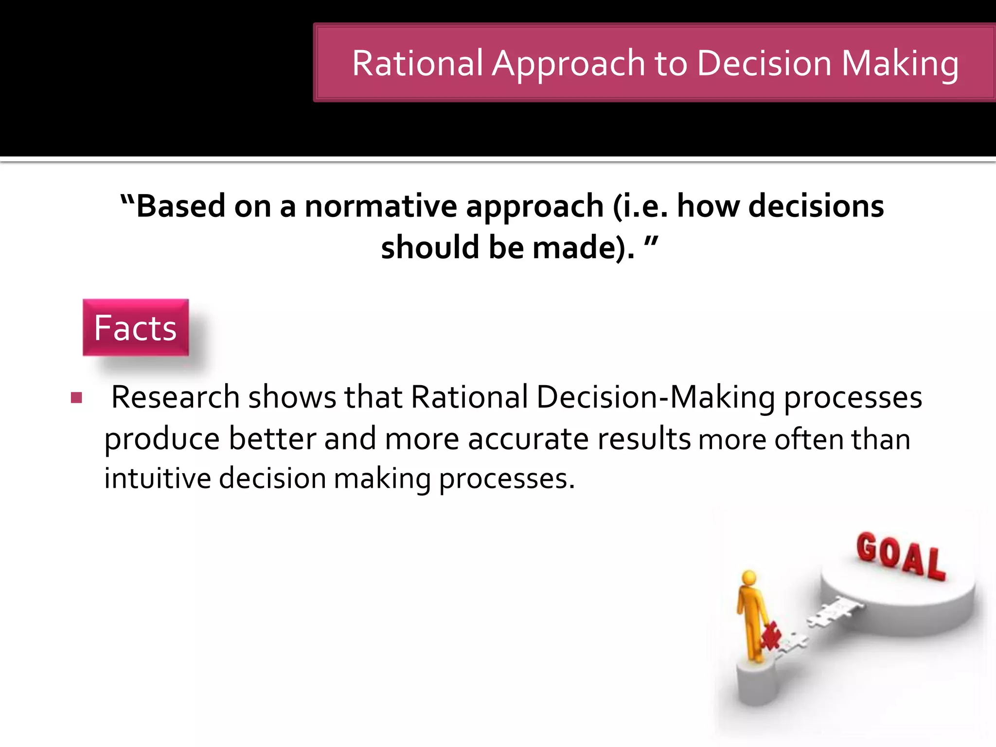 “Based on a normative approach (i.e. how decisions
should be made). ”
 Research shows that Rational Decision-Making processes
produce better and more accurate results more often than
intuitive decision making processes.
Facts
Rational Approach to Decision Making
 