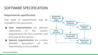 SOFTWARE ENGINEERING
SOFTWARE ENGINEERING
SOFTWARE SPECIFICATION
Requirements specification
Two types of requirements may be
included in this document;
● User requirements are abstract
statements of the system
requirements for the customer and
end-user of the system.
● System requirements are a more
detailed description of the
functionality to be provided.
 