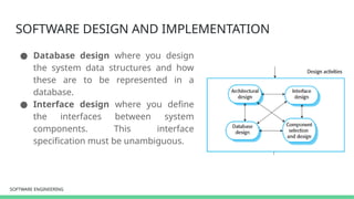 SOFTWARE ENGINEERING
SOFTWARE ENGINEERING
SOFTWARE DESIGN AND IMPLEMENTATION
● Database design where you design
the system data structures and how
these are to be represented in a
database.
● Interface design where you define
the interfaces between system
components. This interface
specification must be unambiguous.
 