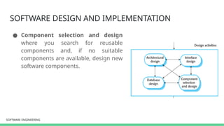 SOFTWARE ENGINEERING
SOFTWARE ENGINEERING
SOFTWARE DESIGN AND IMPLEMENTATION
● Component selection and design
where you search for reusable
components and, if no suitable
components are available, design new
software components.
 