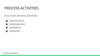 SOFTWARE ENGINEERING
SOFTWARE ENGINEERING
PROCESS ACTIVITIES
Four basic process activities:
● Specification
● Development
● Validation
● Evolution
 