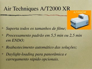 Air Techniques A/T2000 XR
Suporta todos os tamanhos de filme;
Processamento padrão em 5,5 min ou 2,5 min
em ENDO;
Reabastecimento automático das soluções;
Daylight-loading para panorâmica e
carregamento rápido opcionais.
 