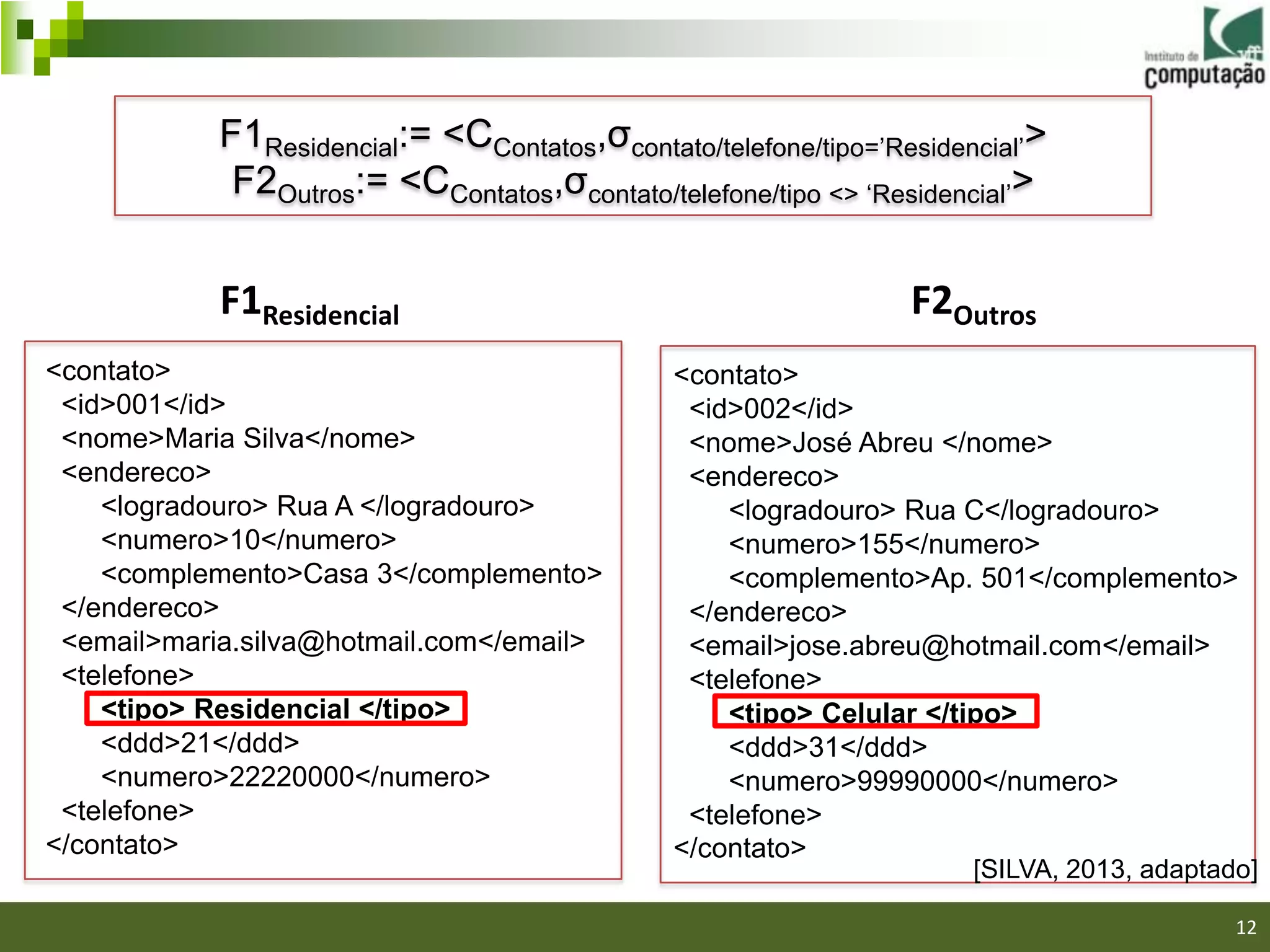 F1Residencial:= <CContatos,σcontato/telefone/tipo=‟Residencial‟>
             F2Outros:= <CContatos,σcontato/telefone/tipo <> „Residencial‟>


            F1Residencial                                        F2Outros
<contato>                                      <contato>
 <id>001</id>                                   <id>002</id>
 <nome>Maria Silva</nome>                       <nome>José Abreu </nome>
 <endereco>                                     <endereco>
    <logradouro> Rua A </logradouro>               <logradouro> Rua C</logradouro>
    <numero>10</numero>                            <numero>155</numero>
    <complemento>Casa 3</complemento>              <complemento>Ap. 501</complemento>
 </endereco>                                    </endereco>
 <email>maria.silva@hotmail.com</email>         <email>jose.abreu@hotmail.com</email>
 <telefone>                                     <telefone>
    <tipo> Residencial </tipo>                     <tipo> Celular </tipo>
    <ddd>21</ddd>                                  <ddd>31</ddd>
    <numero>22220000</numero>                      <numero>99990000</numero>
 <telefone>                                     <telefone>
</contato>                                     </contato>
                                                                      [SILVA, 2013, adaptado]

                                                                                           12
 