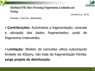 [KLING et al., 2010]




 Contribuições: Automatiza a fragmentação, consulta
e   alocação   dos   dados   fragmentados,    poda        de
fragmentos irrelevantes.


 Limitação: Modelo de consultas utiliza subconjunto
limitado da XQuery, não trata da fragmentação híbrida,
exige projeto de distribuição.
                                                                30/40

                                                                        30
 