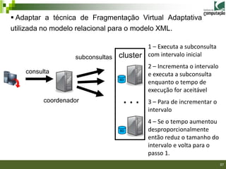  Adaptar a técnica de Fragmentação Virtual Adaptativa
utilizada no modelo relacional para o modelo XML.

                                          1 – Executa a subconsulta
                   subconsultas   cluster com intervalo inicial
                                           2 – Incrementa o intervalo
    consulta                               e executa a subconsulta
                                  BD
                                           enquanto o tempo de
                                           execução for aceitável
          coordenador              ...     3 – Para de incrementar o
                                           intervalo
                                           4 – Se o tempo aumentou
                                  BD       desproporcionalmente
                                           então reduz o tamanho do
                                           intervalo e volta para o
                                           passo 1.
                                                                  37/40

                                                                          37
 