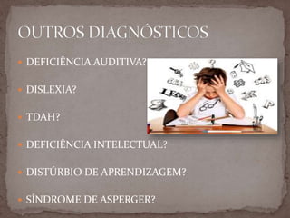  DEFICIÊNCIA AUDITIVA?
 DISLEXIA?
 TDAH?
 DEFICIÊNCIA INTELECTUAL?
 DISTÚRBIO DE APRENDIZAGEM?
 SÍNDROME DE ASPERGER?
 
