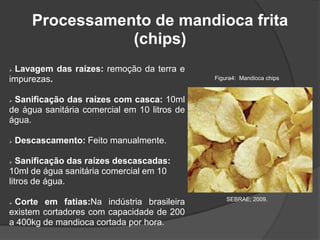 Processamento de mandioca frita
(chips)
Lavagem das raízes: remoção da terra e
impurezas.


Figura4: Mandioca chips

Sanificação das raízes com casca: 10ml
de água sanitária comercial em 10 litros de
água.




Descascamento: Feito manualmente.

Sanificação das raízes descascadas:
10ml de água sanitária comercial em 10
litros de água.


Corte em fatias:Na indústria brasileira
existem cortadores com capacidade de 200
a 400kg de mandioca cortada por hora.


SEBRAE; 2009.

 