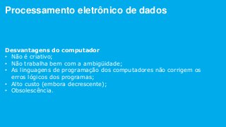 Processamento eletrônico de dados
Desvantagens do computador
• Não é criativo;
• Não trabalha bem com a ambigüidade;
• As linguagens de programação dos computadores não corrigem os
erros lógicos dos programas;
• Alto custo (embora decrescente);
• Obsolescência.
 