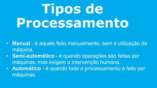 Tipos de
Processamento
• Manual - é aquele feito manualmente, sem a utilização da
máquina.
• Semi-automático - é quando operações são feitas por
máquinas, mas exigem a intervenção humana.
• Automático - é quando todo o processamento é feito por
máquinas.
 