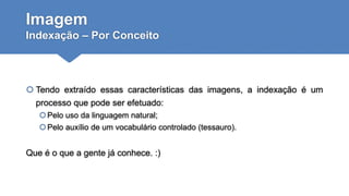 Imagem
Indexação – Por Conceito
 Tendo extraído essas características das imagens, a indexação é um
processo que pode ser efetuado:
Pelo uso da linguagem natural;
Pelo auxílio de um vocabulário controlado (tessauro).
Que é o que a gente já conhece. :)
 
