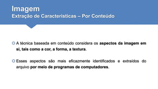Imagem
Extração de Características – Por Conteúdo
 A técnica baseada em conteúdo considera os aspectos da imagem em
si, tais como a cor, a forma, a textura.
 Esses aspectos são mais eficazmente identificados e extraídos do
arquivo por meio de programas de computadores.
 