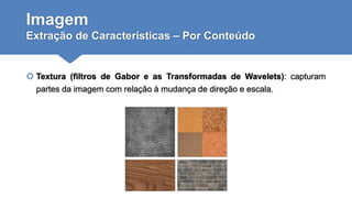 Imagem
Extração de Características – Por Conteúdo
 Textura (filtros de Gabor e as Transformadas de Wavelets): capturam
partes da imagem com relação à mudança de direção e escala.
 