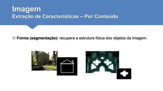 Imagem
Extração de Características – Por Conteúdo
 Forma (segmentação): recupera a estrutura física dos objetos da imagem.
 