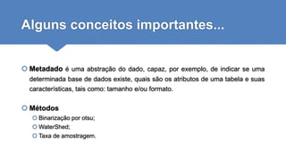 Alguns conceitos importantes...
 Metadado é uma abstração do dado, capaz, por exemplo, de indicar se uma
determinada base de dados existe, quais são os atributos de uma tabela e suas
características, tais como: tamanho e/ou formato.
 Métodos
 Binarização por otsu;
 WaterShed;
 Taxa de amostragem.
 