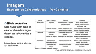 Imagem
Extração de Características – Por Conceito
 Níveis de Análise
Esse níveis falam quais as
características da ima-gem
devem ser selecio-nadas e
extraídas.
Leitura do que se vê e leitura do
que se interpreta.
 