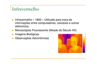 Infravermelho

 Infravermelho – 1800 – Utilizado para troca de
 informações entre computadores, celulares e outros
 eletronicos.
 Microscópios Fluorescente (Meado do Século XX)
 Imagens Biológicas
 Observações Astronômicas
 