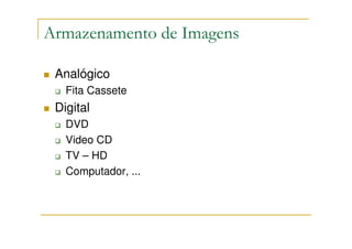 Armazenamento de Imagens

 Analógico
   Fita Cassete
 Digital
   DVD
   Video CD
   TV – HD
   Computador, ...
 