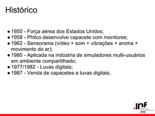 Histórico
●1950 - Força aérea dos Estados Unidos;
●1958 - Philco desenvolve capacete com monitores;
●1962 - Sensorama (vídeo + som + vibrações + aroma +
movimento do ar);
●1980 - Aplicada na indústria de simuladores multi-usuários
em ambiente compartilhado;
●1977/1982 - Luvas digitais;
●1987 - Venda de capacetes e luvas digitais.
 