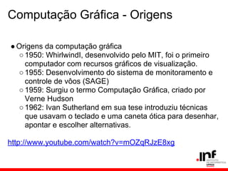 Computação Gráfica - Origens
●Origens da computação gráfica
○1950: WhirlwindI, desenvolvido pelo MIT, foi o primeiro
computador com recursos gráficos de visualização.
○1955: Desenvolvimento do sistema de monitoramento e
controle de vôos (SAGE)
○1959: Surgiu o termo Computação Gráfica, criado por
Verne Hudson
○1962: Ivan Sutherland em sua tese introduziu técnicas
que usavam o teclado e uma caneta ótica para desenhar,
apontar e escolher alternativas.
http://www.youtube.com/watch?v=mOZqRJzE8xg
 