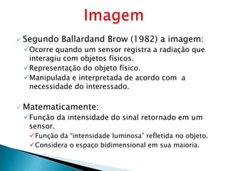    Segundo Ballardand Brow (1982) a imagem:
    Ocorre quando um sensor registra a radiação que
     interagiu com objetos físicos.
    Representação do objeto físico.
    Manipulada e interpretada de acordo com a
     necessidade do interessado.

   Matematicamente:
    Função da intensidade do sinal retornado em um
     sensor.
     Função da “intensidade luminosa” refletida no objeto.
     Considera o espaço bidimensional em sua maioria.
 