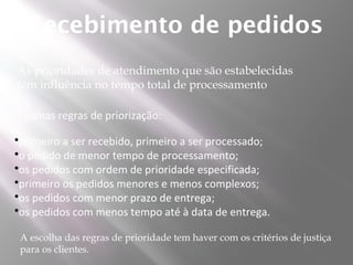 Recebimento de pedidos
As prioridades de atendimento que são estabelecidas
têm influência no tempo total de processamento

Algumas regras de priorização:

•primeiro a ser recebido, primeiro a ser processado;
•o pedido de menor tempo de processamento;
•os pedidos com ordem de prioridade especificada;
•primeiro os pedidos menores e menos complexos;
•os pedidos com menor prazo de entrega;
•os pedidos com menos tempo até à data de entrega.

 A escolha das regras de prioridade tem haver com os critérios de justiça
 para os clientes.
 