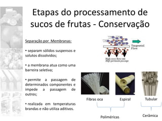 Etapas do processamento de
sucos de frutas - Conservação
Separação por Membranas:
• separam sólidos suspensos e
solutos di...