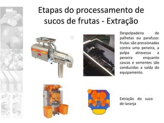Etapas do processamento de
sucos de frutas - Extração
Despolpadeira de
palhetas ou parafuso:
frutas são pressionadas
contr...