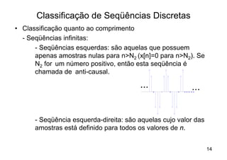 Classificação de Seqüências Discretas
• Classificação quanto ao comprimento
  - Seqüências infinitas:
      - Seqüências esquerdas: são aquelas que possuem
      apenas amostras nulas para n>N2 (x[n]=0 para n>N2). Se
      N2 for um número positivo, então esta seqüência é
      chamada de anti-causal.

                                        ...              ...


      - Seqüência esquerda-direita: são aquelas cujo valor das
      amostras está definido para todos os valores de n.


                                                                 14
 