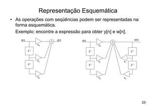 Representação Esquemática
• As operações com seqüências podem ser representadas na
  forma esquemática.
  Exemplo: encontre a expressão para obter y[n] e w[n].
    x[n]              y[n]     x[n]                         w[n]

                 b0                         b0

           Z-1                        Z-1             Z-1



                 b1                         b1   a1
           Z-1                        Z-1             Z-1




                 b2                         b2   a2




                                                                   25
 