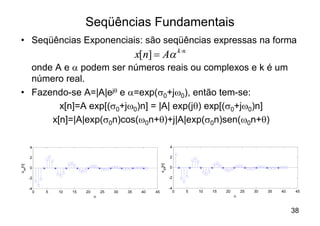 Seqüências Fundamentais
• Seqüências Exponenciais: são seqüências expressas na forma
                                                        x[n] = Aa                     k ×n

  onde A e a podem ser números reais ou complexos e k é um
  número real.
• Fazendo-se A=|A|ejq e a=exp(s0+jw0), então tem-se:
        x[n]=A exp[(s0+jw0)n] = |A| exp(jq) exp[(s0+jw0)n]
      x[n]=|A|exp(s0n)cos(w0n+q)+j|A|exp(s0n)sen(w0n+q)

         4                                                                   4

         2                                                                   2
                                                                   x im[n]
xre[n]




         0                                                                   0

         -2                                                                  -2

         -4                                                                  -4
              0   5   10   15   20       25   30   35    40   45                  0          5   10   15   20       25   30   35   40    45
                                     n                                                                          n



                                                                                                                                        38
 