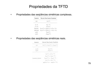 Propriedades da TFTD
•   Propriedades das seqüências simétricas complexas.




•   Propriedades das seqüências simétricas reais.




                                                        79
 