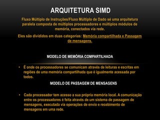 Fluxo Múltiplo de Instruções/Fluxo Múltiplo de Dado sé uma arquitetura
paralela composta de múltiplos processadores e múltiplos módulos de
memória, conectados via rede.
Eles são divididos em duas categorias: Memória compartilhada e Passagem
de mensagens.
ARQUITETURA SIMD
• É onde os processadores se comunicam através de leituras e escritas em
regiões de uma memória compartilhada que é igualmente acessada por
todos.
MODELO DE MEMÓRIA COMPARTILHADA
• Cada processador tem acesso a sua própria memória local. A comunicação
entre os processadores é feita através de um sistema de passagem de
mensagens, executada via operações de envio e recebimento de
mensagens em uma rede.
MODELO DE PASSAGEM DE MENSAGENS
 