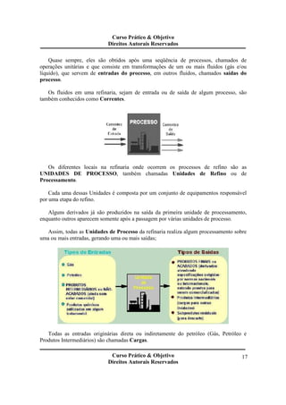 Curso Prático & Objetivo 
Direitos Autorais Reservados 
Quase sempre, eles são obtidos após uma seqüência de processos, chamados de 
operações unitárias e que consiste em transformações de um ou mais fluidos (gás e/ou 
líquido), que servem de entradas do processo, em outros fluidos, chamados saídas do 
processo. 
Os fluidos em uma refinaria, sejam de entrada ou de saída de algum processo, são 
Curso Prático & Objetivo 
Direitos Autorais Reservados 
17 
também conhecidos como Correntes. 
Os diferentes locais na refinaria onde ocorrem os processos de refino são as 
UNIDADES DE PROCESSO, também chamadas Unidades de Refino ou de 
Processamento. 
Cada uma dessas Unidades é composta por um conjunto de equipamentos responsável 
por uma etapa do refino. 
Alguns derivados já são produzidos na saída da primeira unidade de processamento, 
enquanto outros aparecem somente após a passagem por várias unidades de processo. 
Assim, todas as Unidades de Processo da refinaria realiza algum processamento sobre 
uma ou mais entradas, gerando uma ou mais saídas; 
Todas as entradas originárias direta ou indiretamente do petróleo (Gás, Petróleo e 
Produtos Intermediários) são chamadas Cargas. 
 