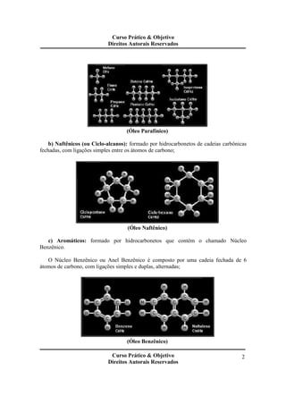 Curso Prático & Objetivo 
Direitos Autorais Reservados 
Curso Prático & Objetivo 
Direitos Autorais Reservados 
2 
(Óleo Parafínico) 
b) Naftênicos (ou Ciclo-alcanos): formado por hidrocarbonetos de cadeias carbônicas 
fechadas, com ligações simples entre os átomos de carbono; 
(Óleo Naftênico) 
c) Aromáticos: formado por hidrocarbonetos que contém o chamado Núcleo 
Benzênico. 
O Núcleo Benzênico ou Anel Benzênico é composto por uma cadeia fechada de 6 
átomos de carbono, com ligações simples e duplas, alternadas; 
(Óleo Benzênico) 
 