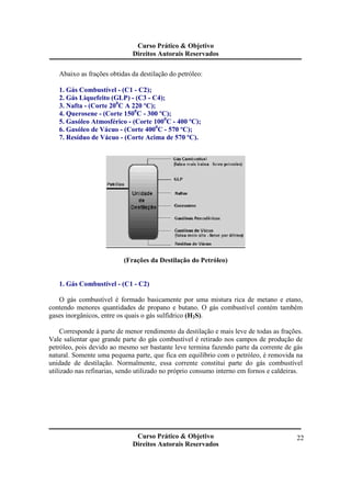 Curso Prático & Objetivo 
Direitos Autorais Reservados 
Curso Prático & Objetivo 
Direitos Autorais Reservados 
22 
Abaixo as frações obtidas da destilação do petróleo: 
1. Gás Combustível - (C1 - C2); 
2. Gás Liquefeito (GLP) - (C3 - C4); 
3. Nafta - (Corte 200C A 220 ºC); 
4. Querosene - (Corte 1500C - 300 ºC); 
5. Gasóleo Atmosférico - (Corte 1000C - 400 ºC); 
6. Gasóleo de Vácuo - (Corte 4000C - 570 ºC); 
7. Resíduo de Vácuo - (Corte Acima de 570 ºC). 
(Frações da Destilação do Petróleo) 
1. Gás Combustível - (C1 - C2) 
O gás combustível é formado basicamente por uma mistura rica de metano e etano, 
contendo menores quantidades de propano e butano. O gás combustível contém também 
gases inorgânicos, entre os quais o gás sulfídrico (H2S). 
Corresponde à parte de menor rendimento da destilação e mais leve de todas as frações. 
Vale salientar que grande parte do gás combustível é retirado nos campos de produção de 
petróleo, pois devido ao mesmo ser bastante leve termina fazendo parte da corrente de gás 
natural. Somente uma pequena parte, que fica em equilíbrio com o petróleo, é removida na 
unidade de destilação. Normalmente, essa corrente constitui parte do gás combustível 
utilizado nas refinarias, sendo utilizado no próprio consumo interno em fornos e caldeiras. 
 