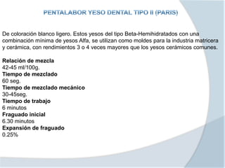 De coloración blanco ligero. Estos yesos del tipo Beta-Hemihidratados con una
combinación mínima de yesos Alfa, se utilizan como moldes para la industria matricera
y cerámica, con rendimientos 3 o 4 veces mayores que los yesos cerámicos comunes.
Relación de mezcla
42-45 ml/100g.
Tiempo de mezclado
60 seg.
Tiempo de mezclado mecánico
30-45seg.
Tiempo de trabajo
6 minutos
Fraguado inicial
6.30 minutos
Expansión de fraguado
0.25%
 