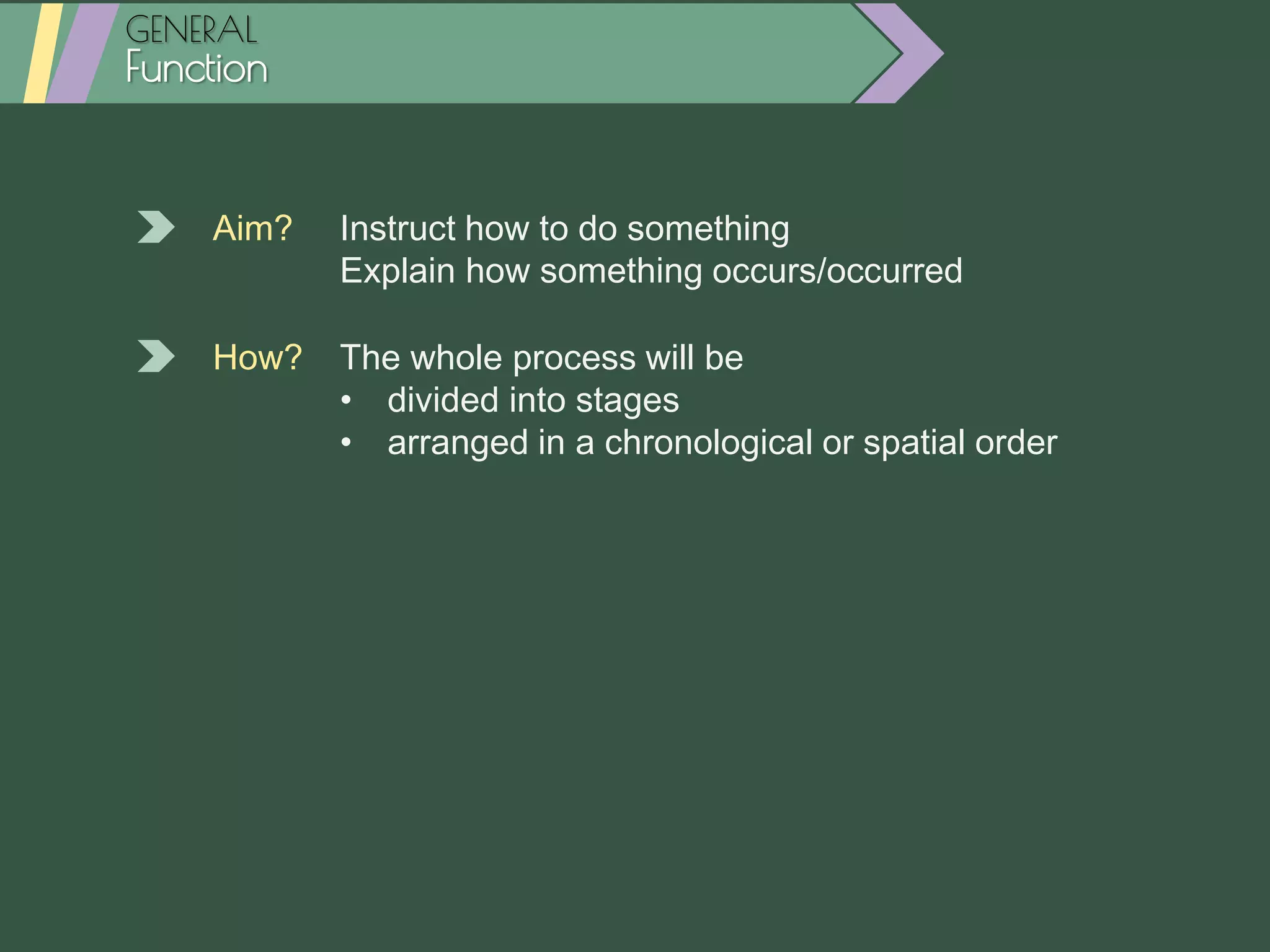 GENERAL
Function
Aim? Instruct how to do something
Explain how something occurs/occurred
How? The whole process will be
• divided into stages
• arranged in a chronological or spatial order
 